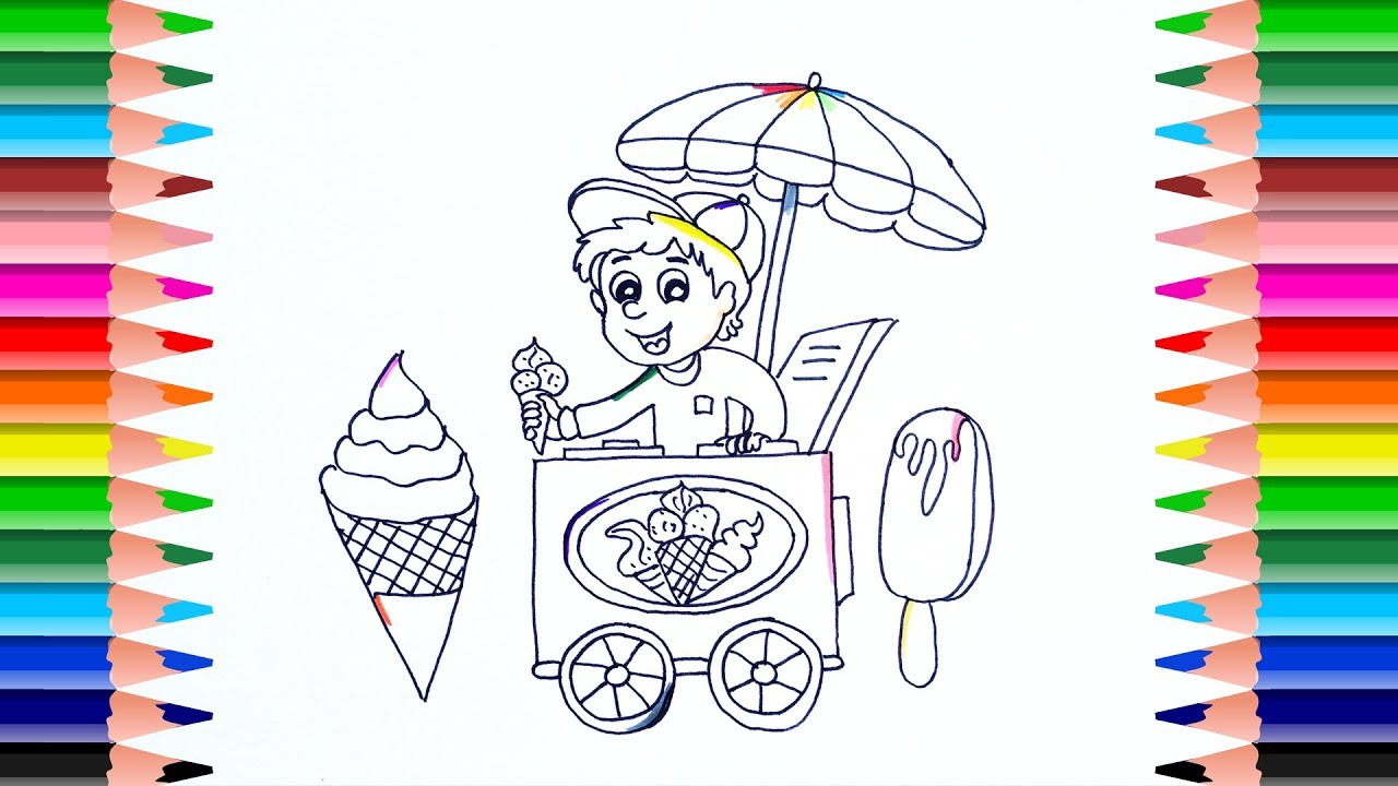 1280x720 how to draw ice cream cart for kids coloring book cart and ice - Salesman Drawing
