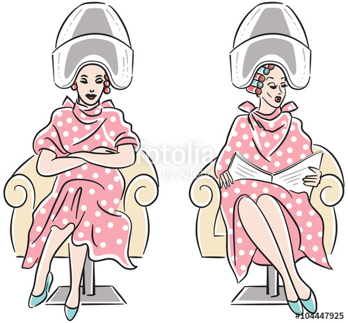 500x465 retro line art drawing of two women with hair rollers sitting - Salon Drawing