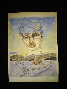 225x300 vintage salvador dali watercolor drawing on old paper artwork - Salvador Dali Drawings