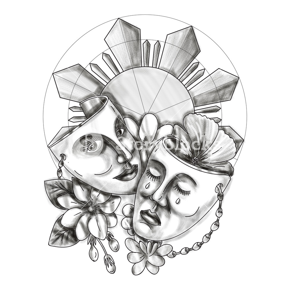1000x1000 Tattoo Style Illustration Showing A Drama Theater Mask - Sampaguita Drawing