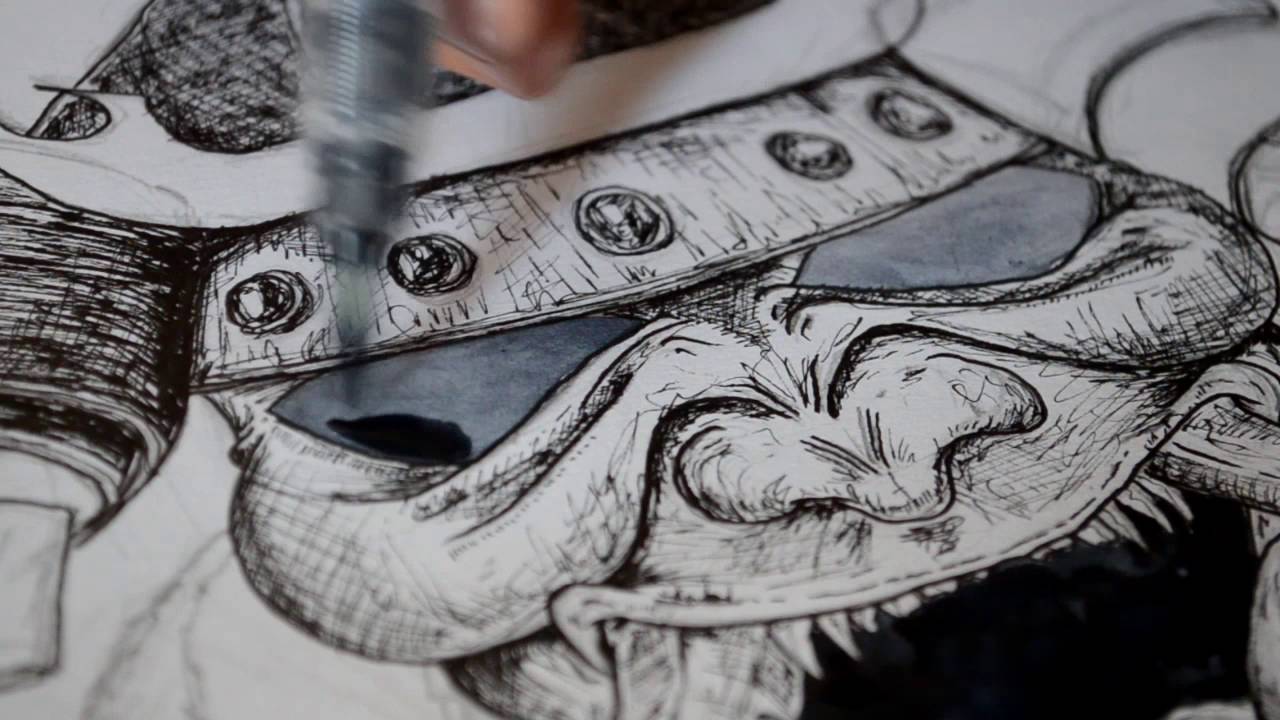 1280x720 Ink - Samurai Helmet Drawing