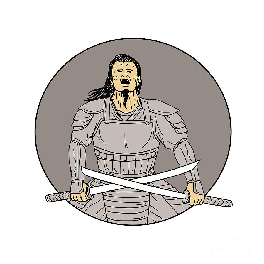 900x900 Angry Samurai Warrior Crossing Swords Oval Drawing Digital Art - Samurai Warrior Drawing
