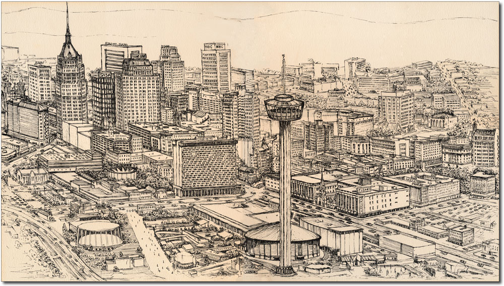 1000x568 chicago skyline brown pen ink drawing of streeterville - San Antonio Skyline Drawing