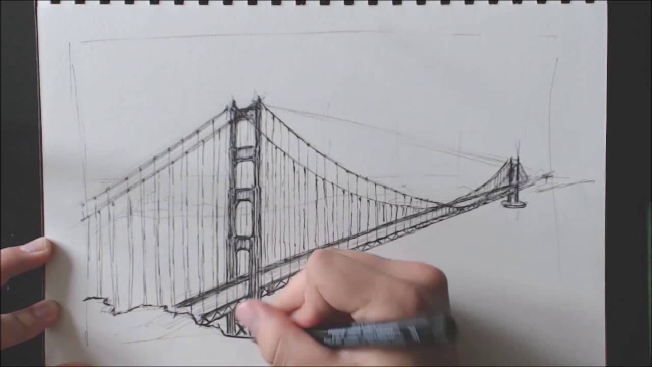 1280x720 Drawing The 'golden Gate Bridge' - San Francisco Bridge Drawing