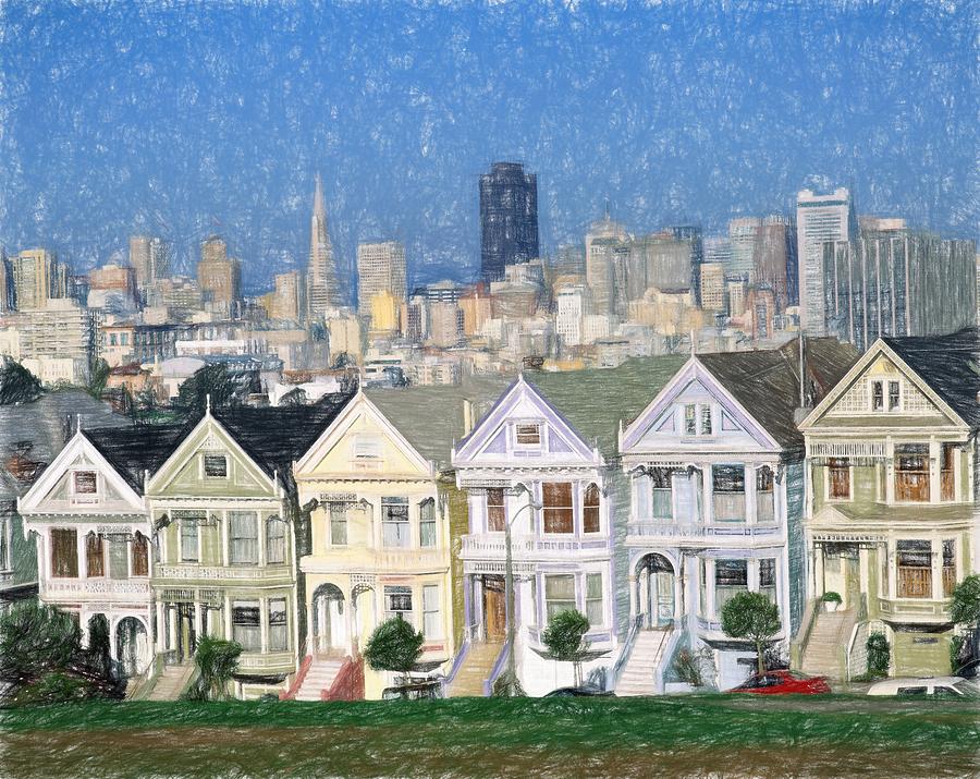 900x715 pencil drawing of alamo square at san francisco painting - San Francisco Drawing