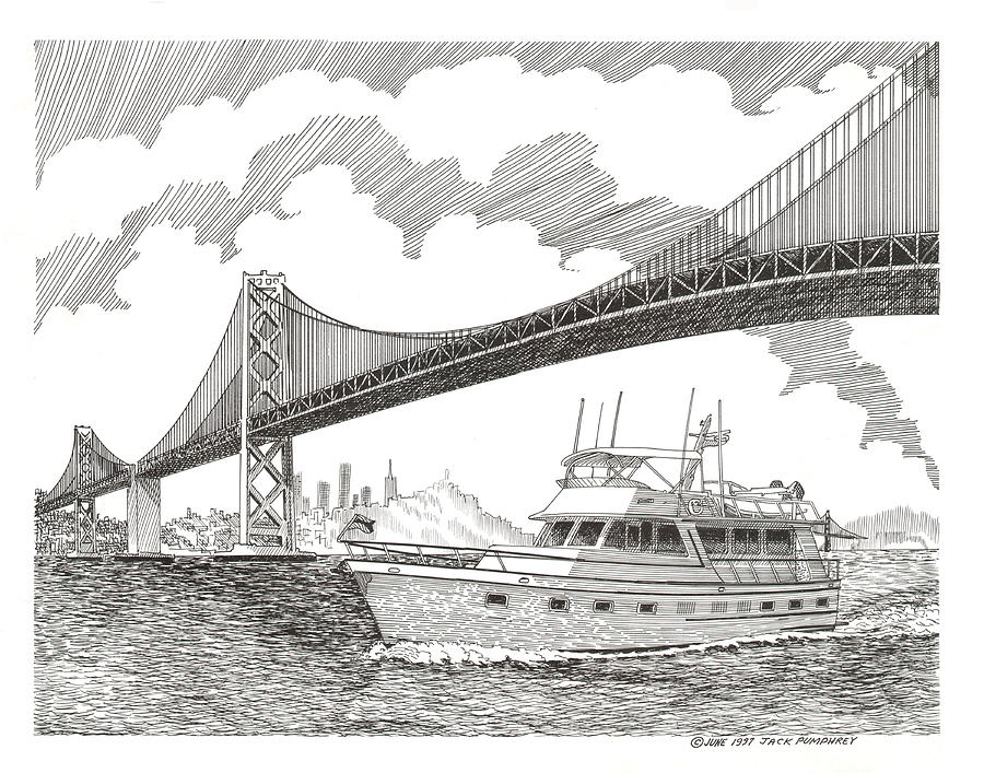 900x707 san francisco oakland bay bridge yachting drawing - San Francisco Drawing
