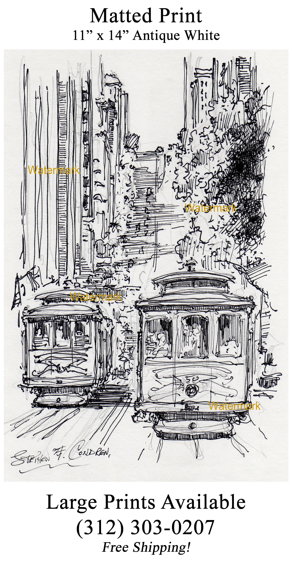 1000x2000 california street trolleys pen ink line drawing in downtown - San Francisco Drawing