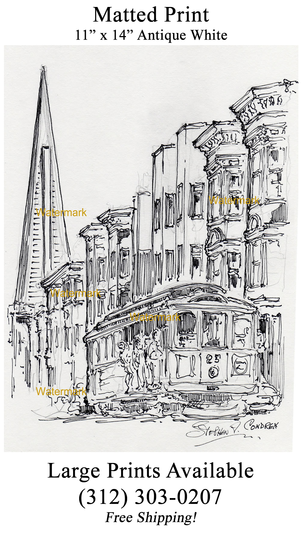 1000x1800 san francisco skyline and streets pen ink line drawing - San Francisco Skyline Drawing