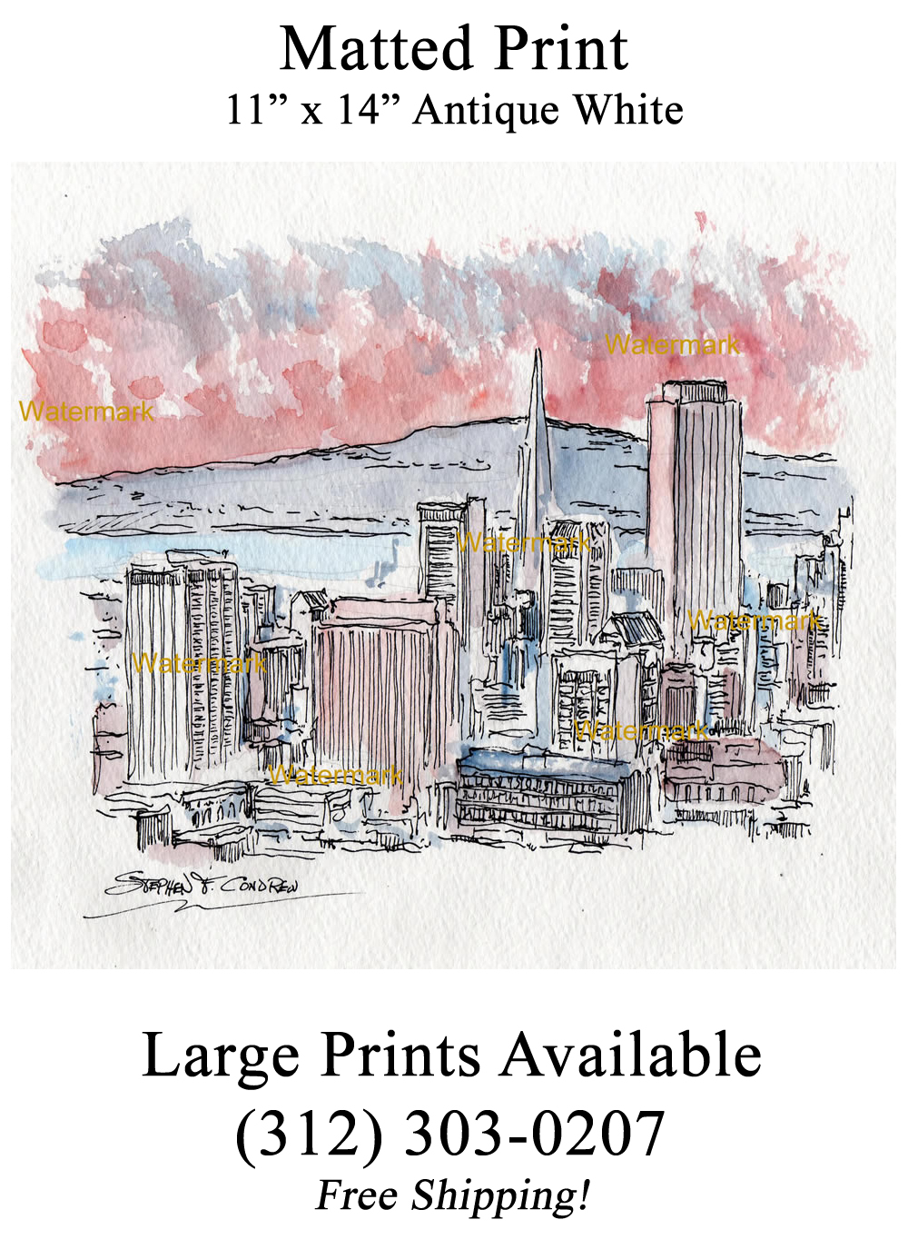 1000x1386 san francisco skyline watercolor of downtown on the bay - San Francisco Skyline Drawing