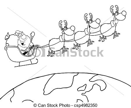 450x374 Outlined Team Of Reindeer And Santa A Coloring - Santa And Reindeer Drawing
