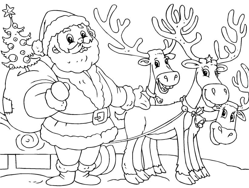 821x620 Printable Santa And Reindeer Coloring Page - Santa And Reindeer Drawing