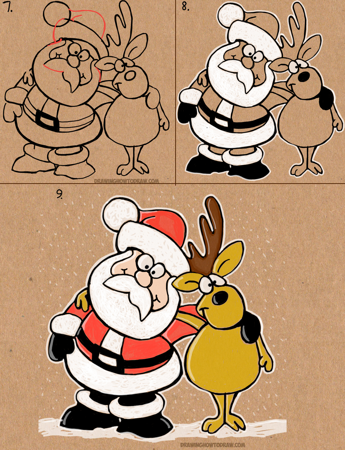 1400x1830 how to draw cartoon santa claus and reindeer easy step - Santa Claus Cartoon Drawing