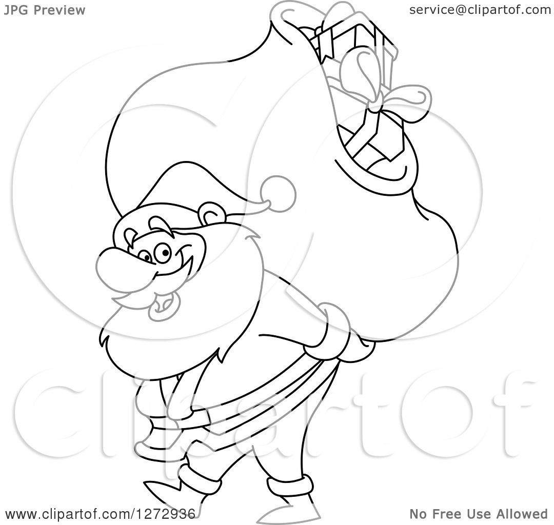 1080x1024 clipart of a black and white line art santa claus carrying - Santa Claus Line Drawing