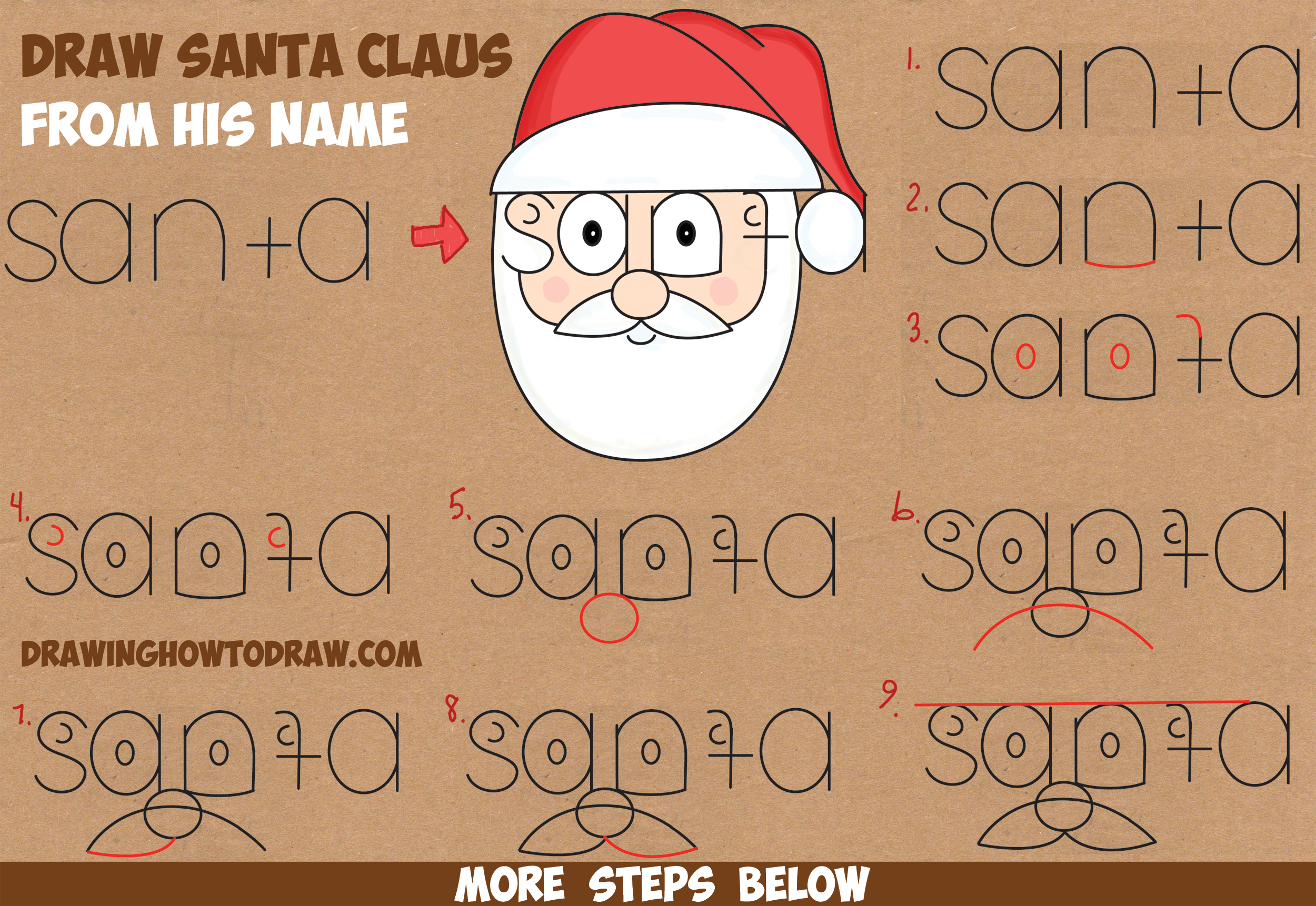 2500x1722 How To Draw Santa Clause From His Name Word Cartoon Toon Easy - Santa Drawing For Kids