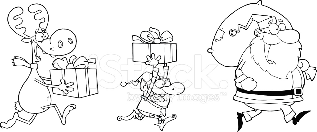 1024x428 black and white santa claus, elf, reindeer runs with gifts stock - Santa Elf Drawing