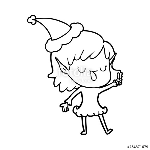 500x500 Line Drawing Of A Elf Girl Wearing Santa Hat Stock Image - Santa Elf Drawing