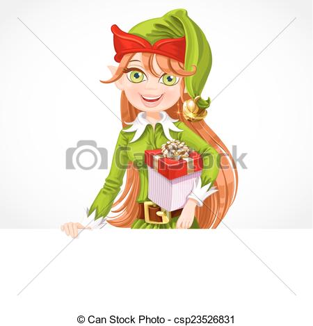 450x469 cute girl santa elf with gift hold big white banner isolated - Santa Elf Drawing