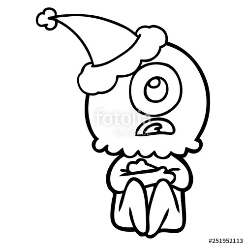 500x500 Line Drawing Of A Cyclops Alien Spaceman Wearing Santa Hat Stock - Santa Line Drawing