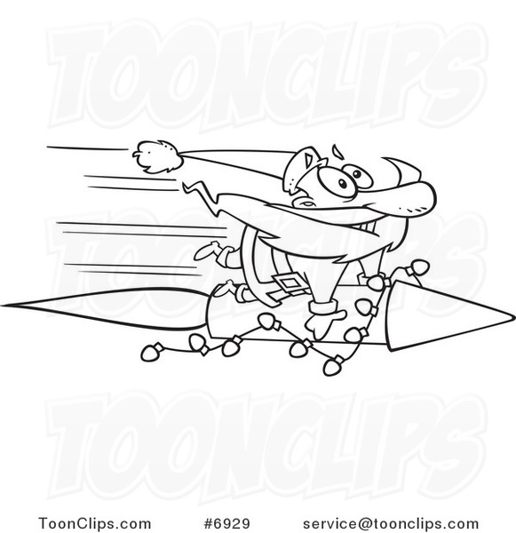 581x600 Cartoon Black And White Line Drawing Of Santa Riding A Fast Rocket - Santa Line Drawing