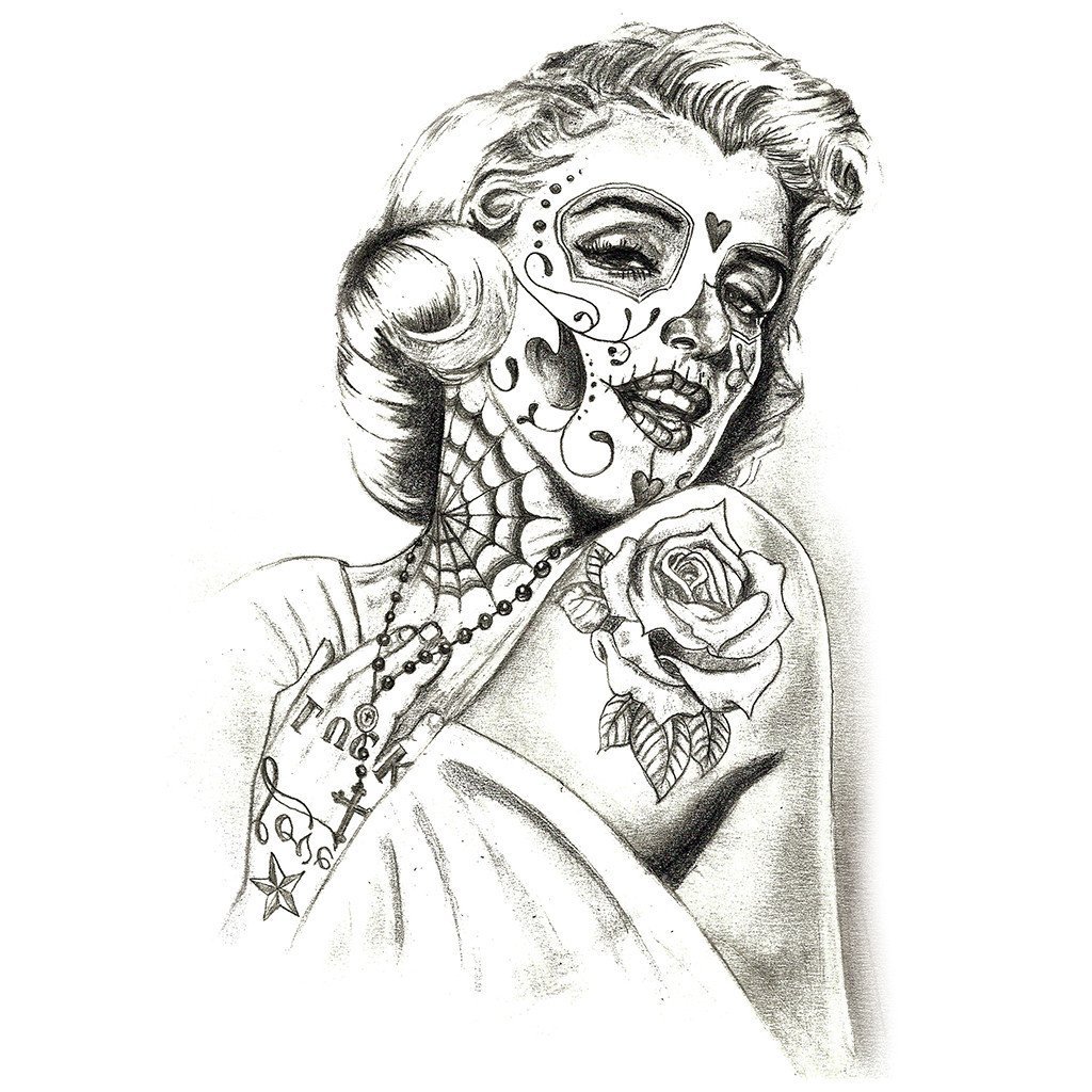 1024x1024 Marilyn Santa Muerte Temporary Tattoo - Santa Muerte Tattoo Drawing