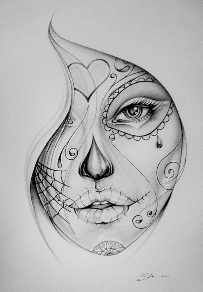 711x1024 Sugar Skull Drawing Tumblr Real Techniques Brushes Samantha - Santa Muerte Tattoo Drawing
