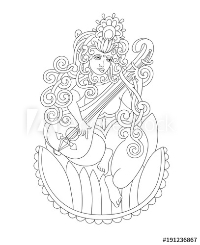 407x500 black and white drawing of indian hindu goddess saraswati - Saraswati Drawing