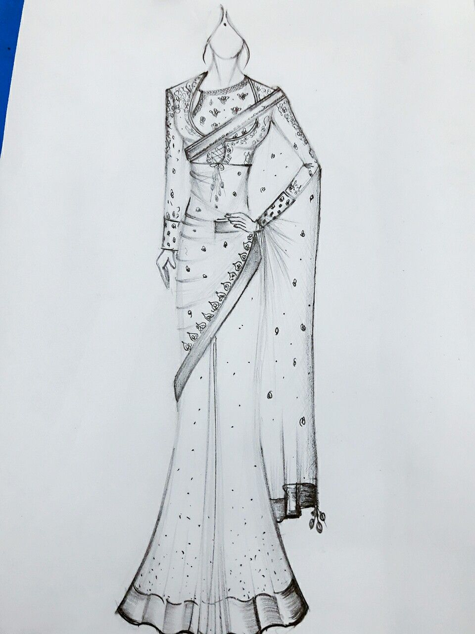 Simple Drawing Saree Sketch for Girl