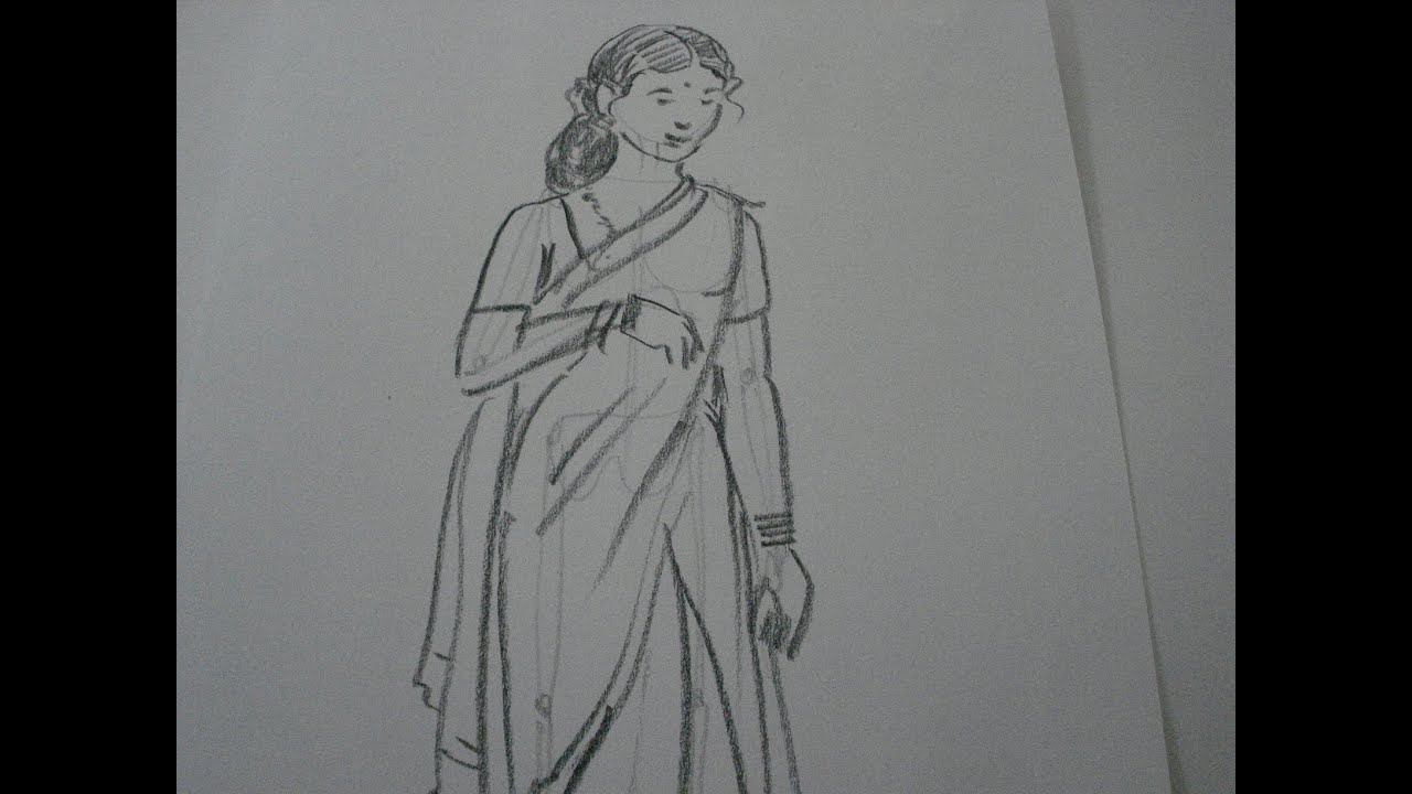 1280x720 Drawing Tutorial,how To Draw A Woman In Saree - Saree Drawing