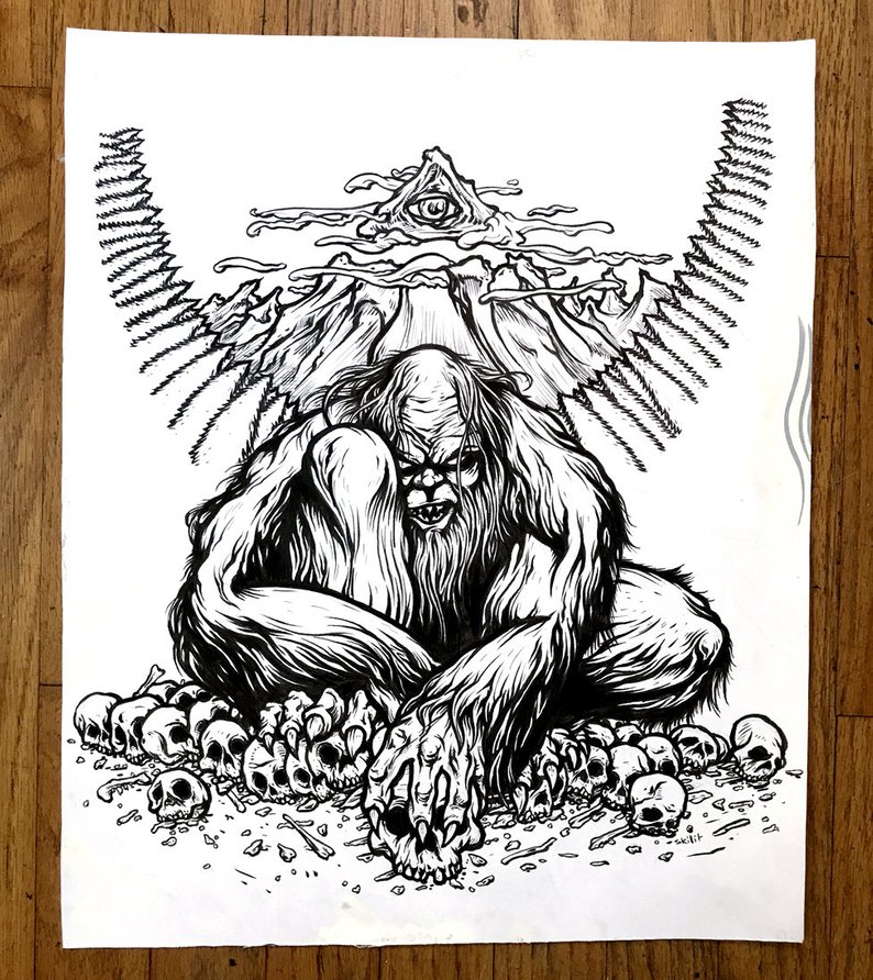 794x892 Sasquatch Bigfoot And Skulls Ink Drawing Etsy - Sasquatch Drawing