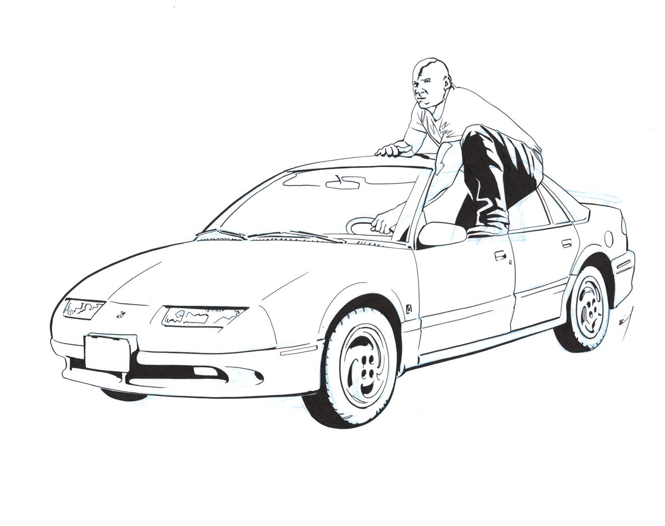 1319x1043 vin diesel driving a saturn original ink drawing brandon bird - Saturn Drawing