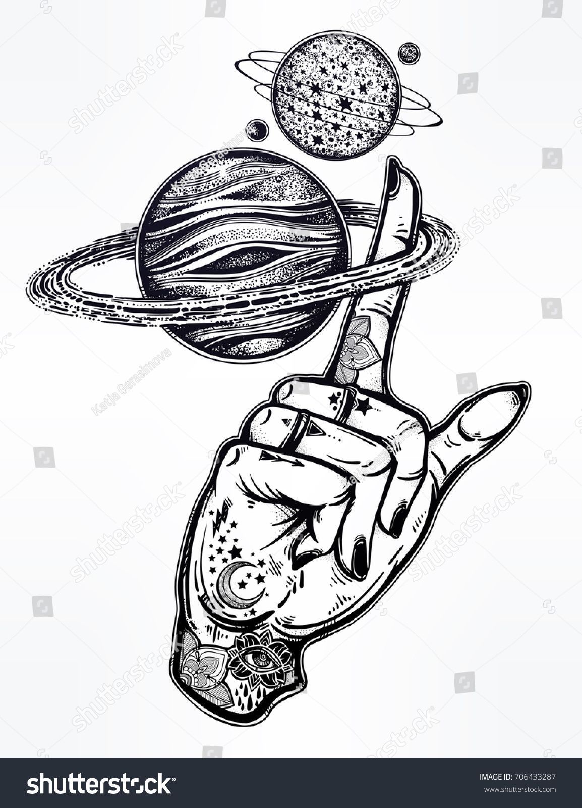 1154x1600 Flash Tattoo Style Astronomy Inked Human Hand, Finger Spinning - Saturn Planet Drawing