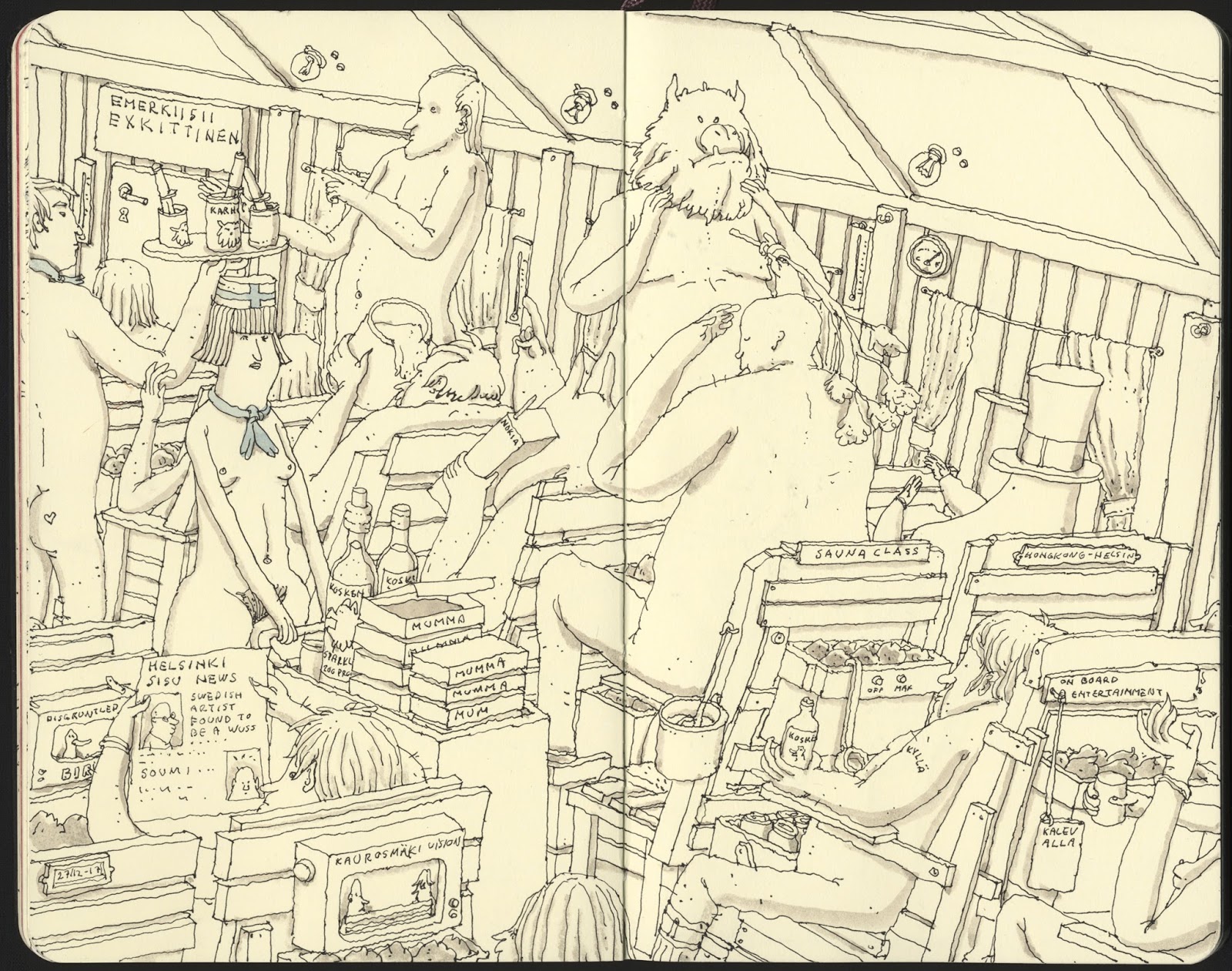 1600x1261 mattias inks flying sauna class - Sauna Drawing