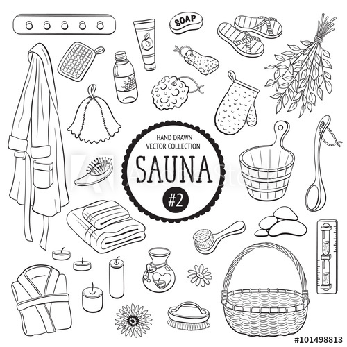 500x500 sauna accessories sketch hand drawn spa items collection doodle - Sauna Drawing