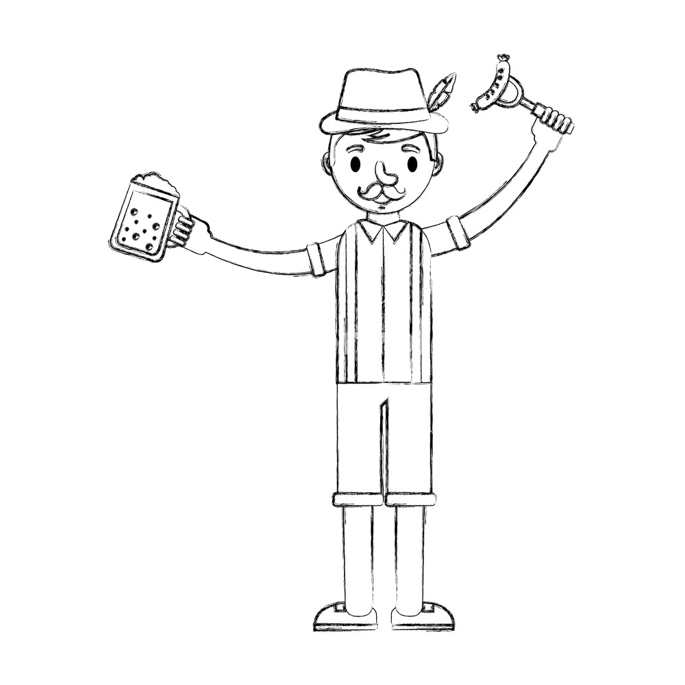1000x1000 bavarian man holding beer and sausage on fork vector illustration - Sausage Drawing