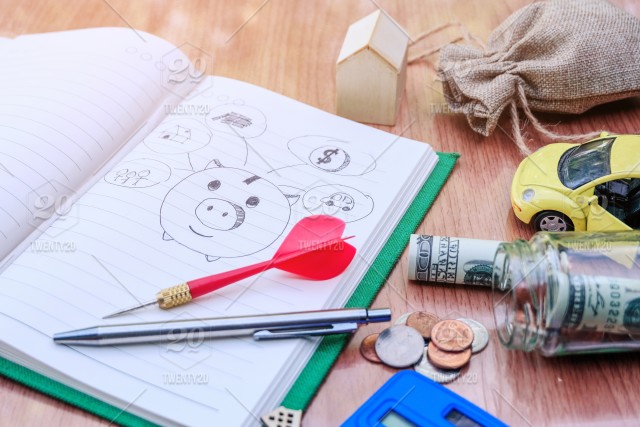 640x427 drawn sketchy piggy bank and money related icons on lined notebook - Save Money Drawing