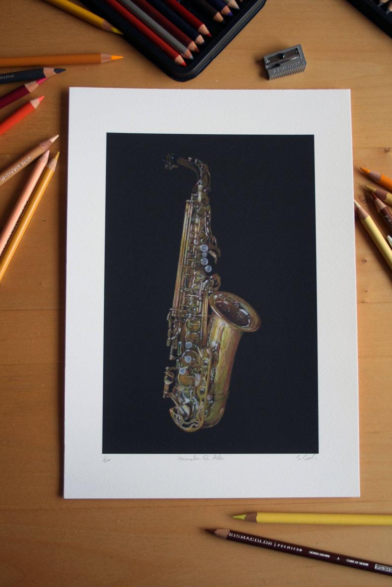 794x1189 yamaha alto saxophone coloured pencil drawing mounted etsy - Saxophone Pencil Drawing