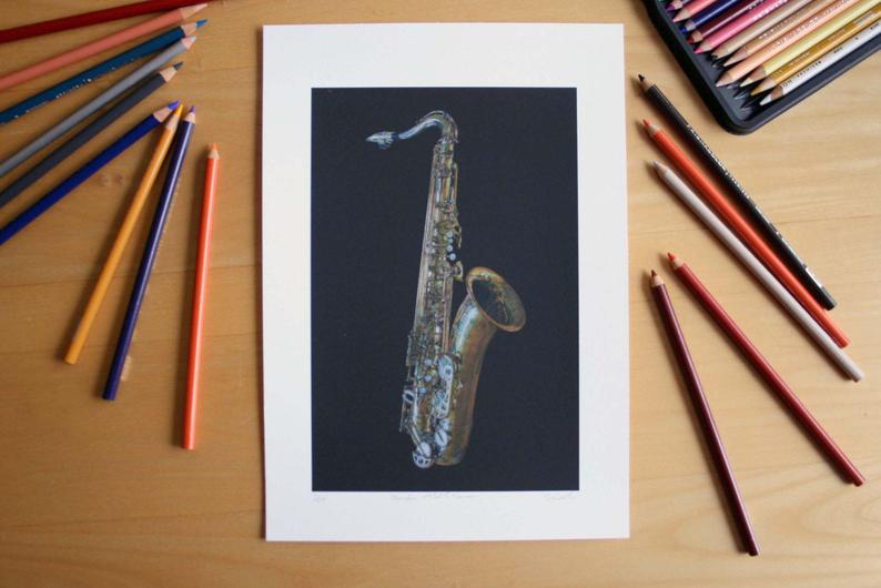 794x530 yamaha tenor saxophone coloured pencil drawing mounted etsy - Saxophone Pencil Drawing