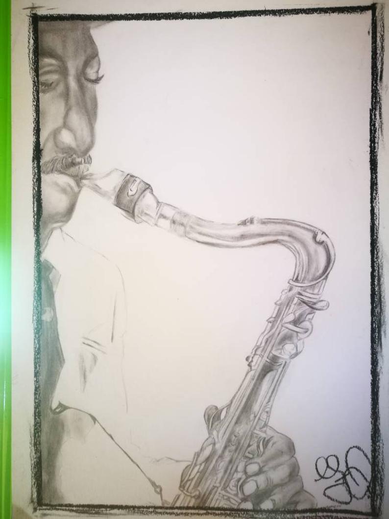 794x1059 almost sax drawing in pencil and coal dust depicting a man etsy - Saxophone Pencil Drawing