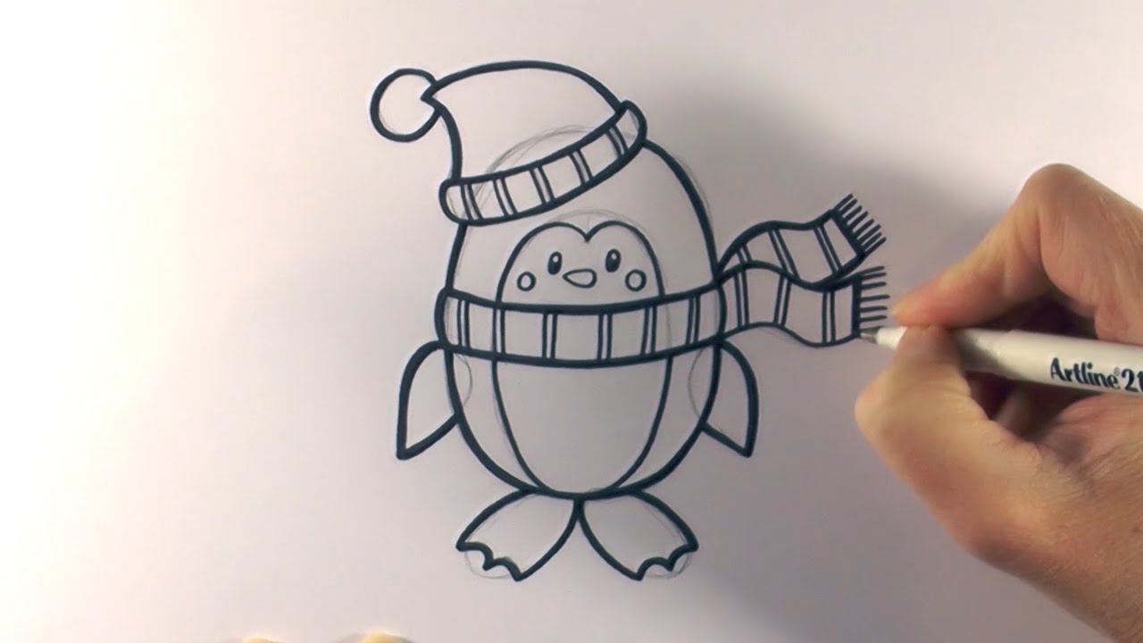 1280x720 how to draw a cartoon penguin with a hat and scarf - Scarf Drawing