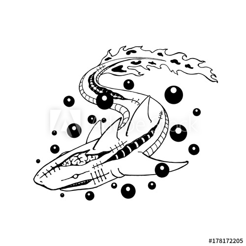 500x500 Shark Mutate To Zombie Line Art Drawing Vector Illustration - Scary Fish Drawing