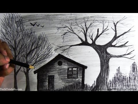 480x360 How To Draw A Scenery House In Forest Step - Scary Forest Drawing