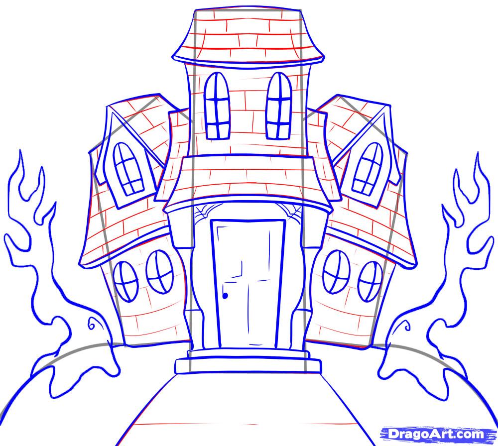 1000x896 Step How To Draw A Haunted House - Scary House Drawing