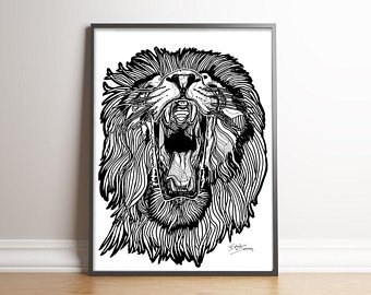 340x270 Roaring Lion Line Drawing Large Hand Drawing Scary Lion Etsy - Scary Lion Drawing