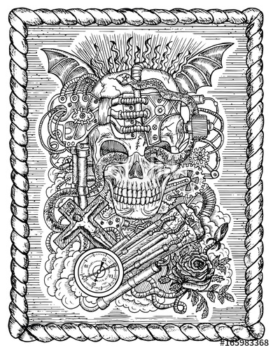 390x500 black and white mystic drawing with scary skull, steampunk - Scary Skull Drawing