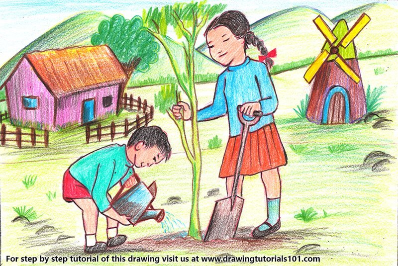 800x535 Learn How To Draw Kids Planting Tree Scenery - Scenery Cartoon Drawing