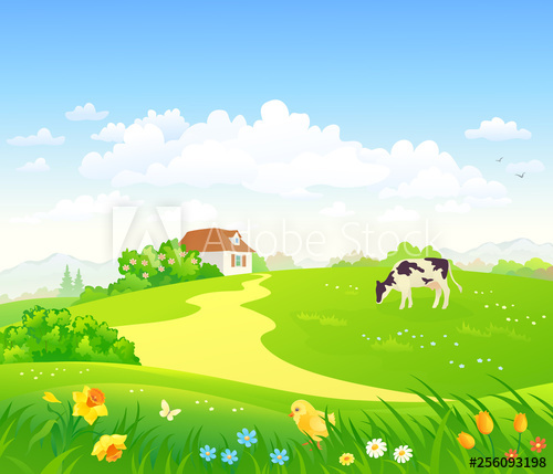 500x429 Vector Cartoon Drawing Of A Green Country Scenery With A Grazing - Scenery Cartoon Drawing
