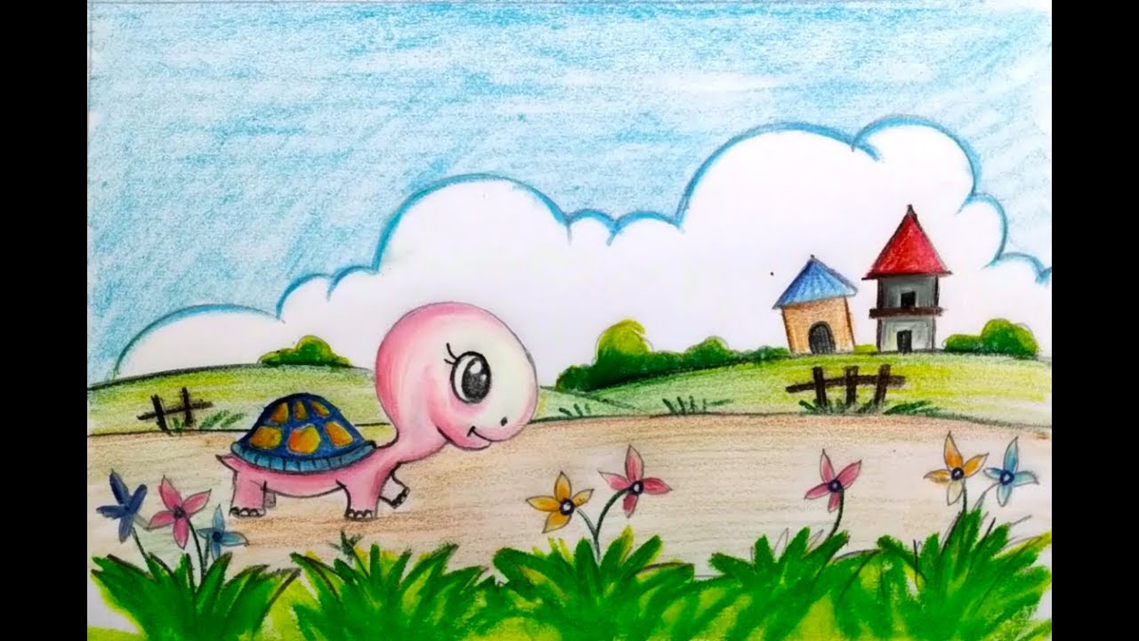 1280x720 How To Draw A Cartoon Scenery With Turtle - Scenery Cartoon Drawing