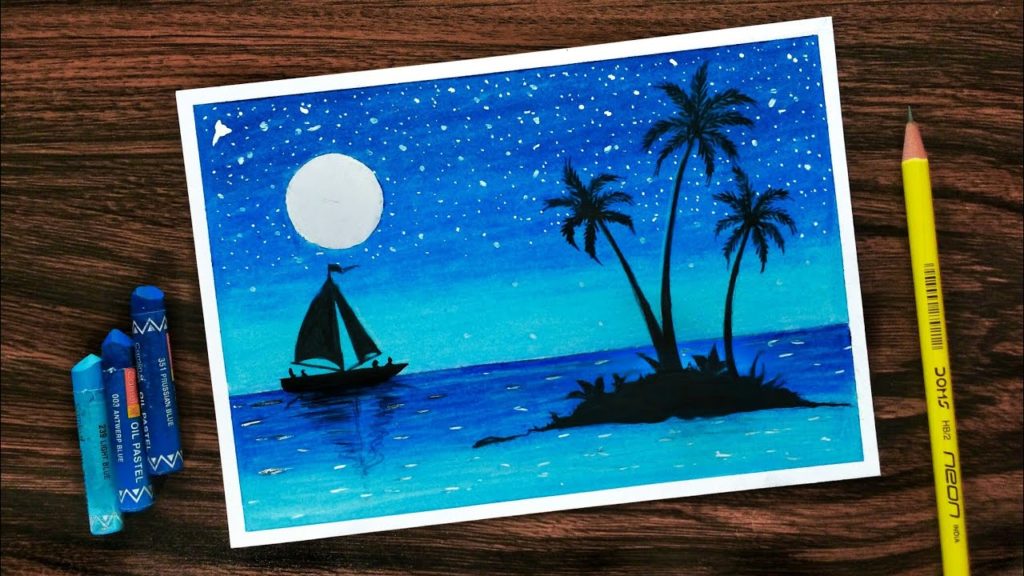 1024x576 How To Draw Scenery Of Moonlight With Oil Pastel Step - Scenery Drawing