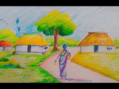 480x360 How To Draw A Beautiful Village Scenery For Kidseasy Drawing - Scenery Drawing For Kids