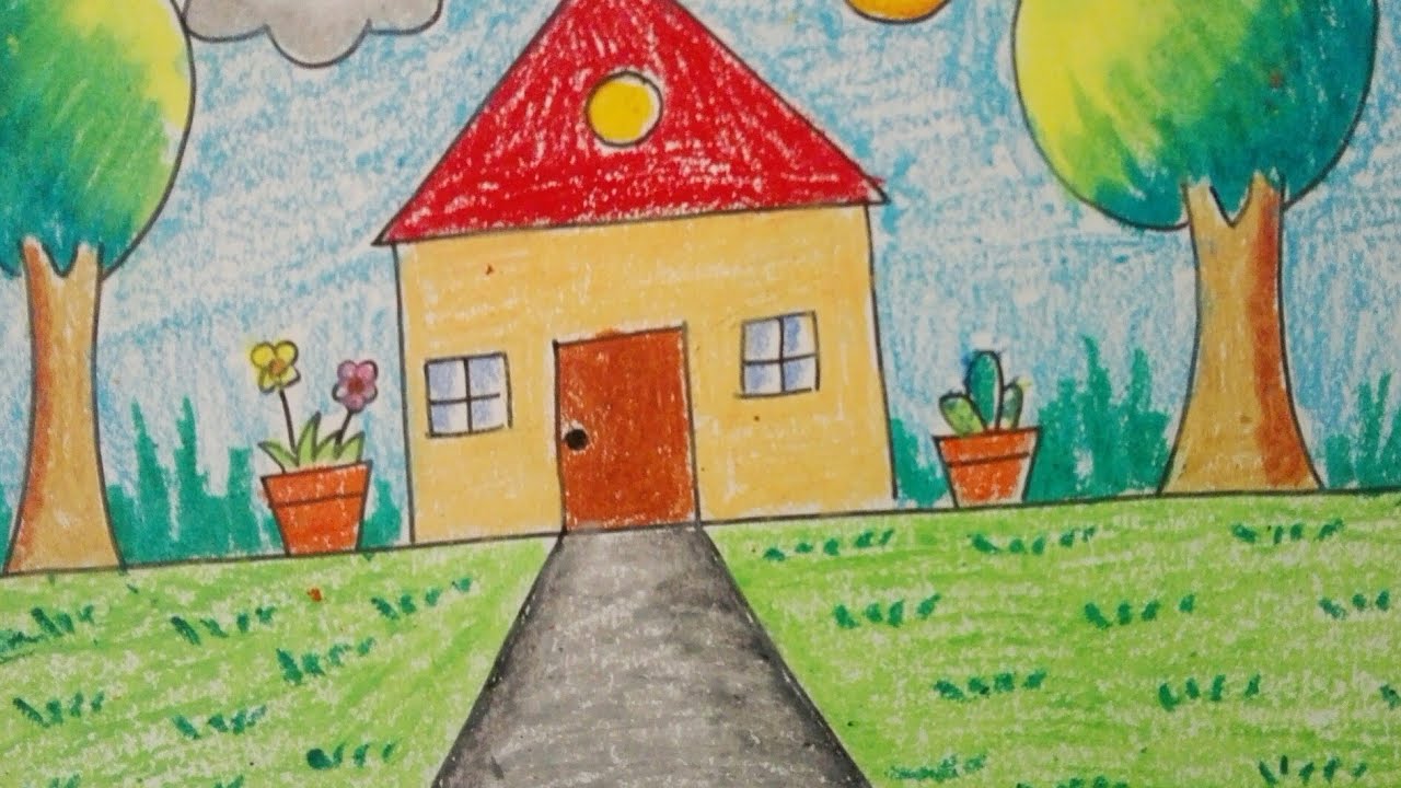 1280x720 How To Draw An Easy Scenery For Little Kids Topic 'my Home' - Scenery Drawing For Kids